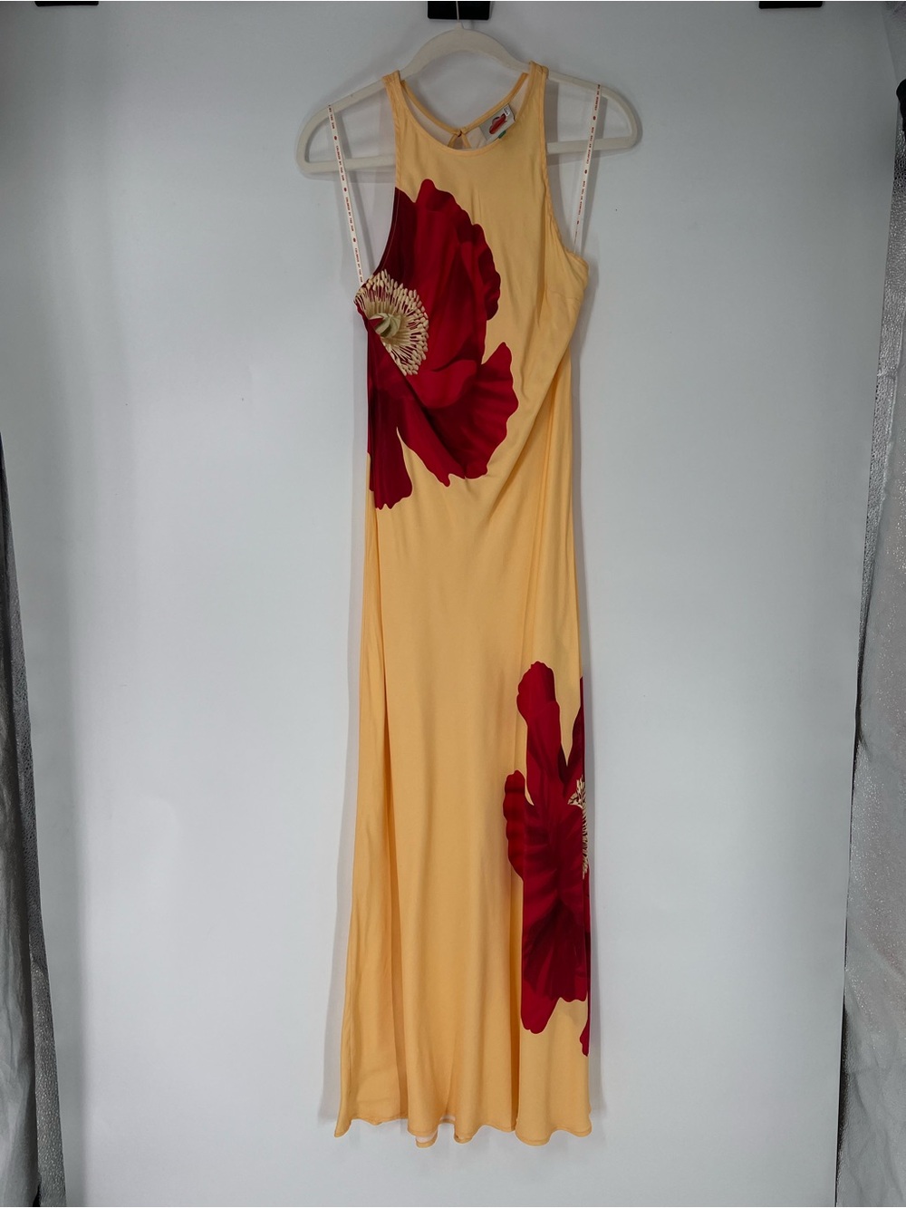 FARM Rio Yellow Red Floral Satin Sleeveless Resortwear Formal Maxi Dress XS